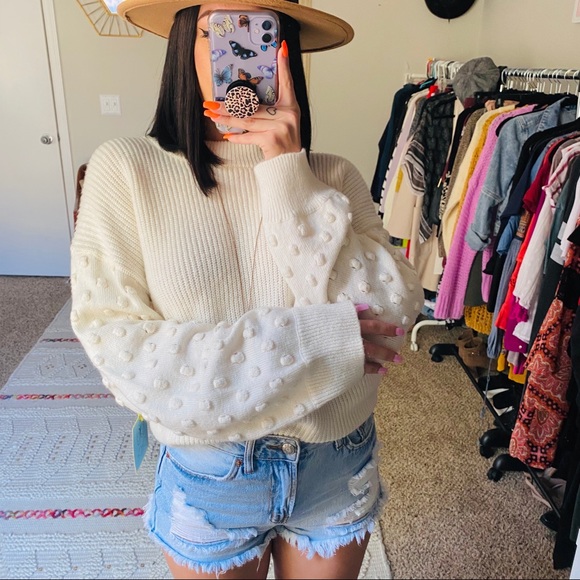 Sold CeCe Ivory Pom Sleeve Sweater - Picture 8 of 8